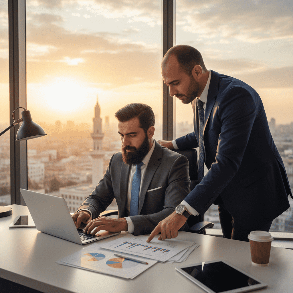  متخصصون يدرسون ماجستير إدارة الموارد البشرية في مكتب حديث بعمان. 